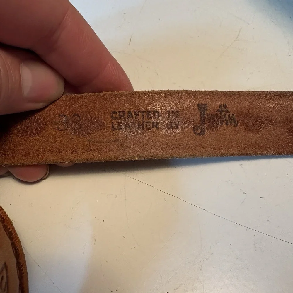 Vintage Justin Western Leather Belt Brass Buckle Sz 38 